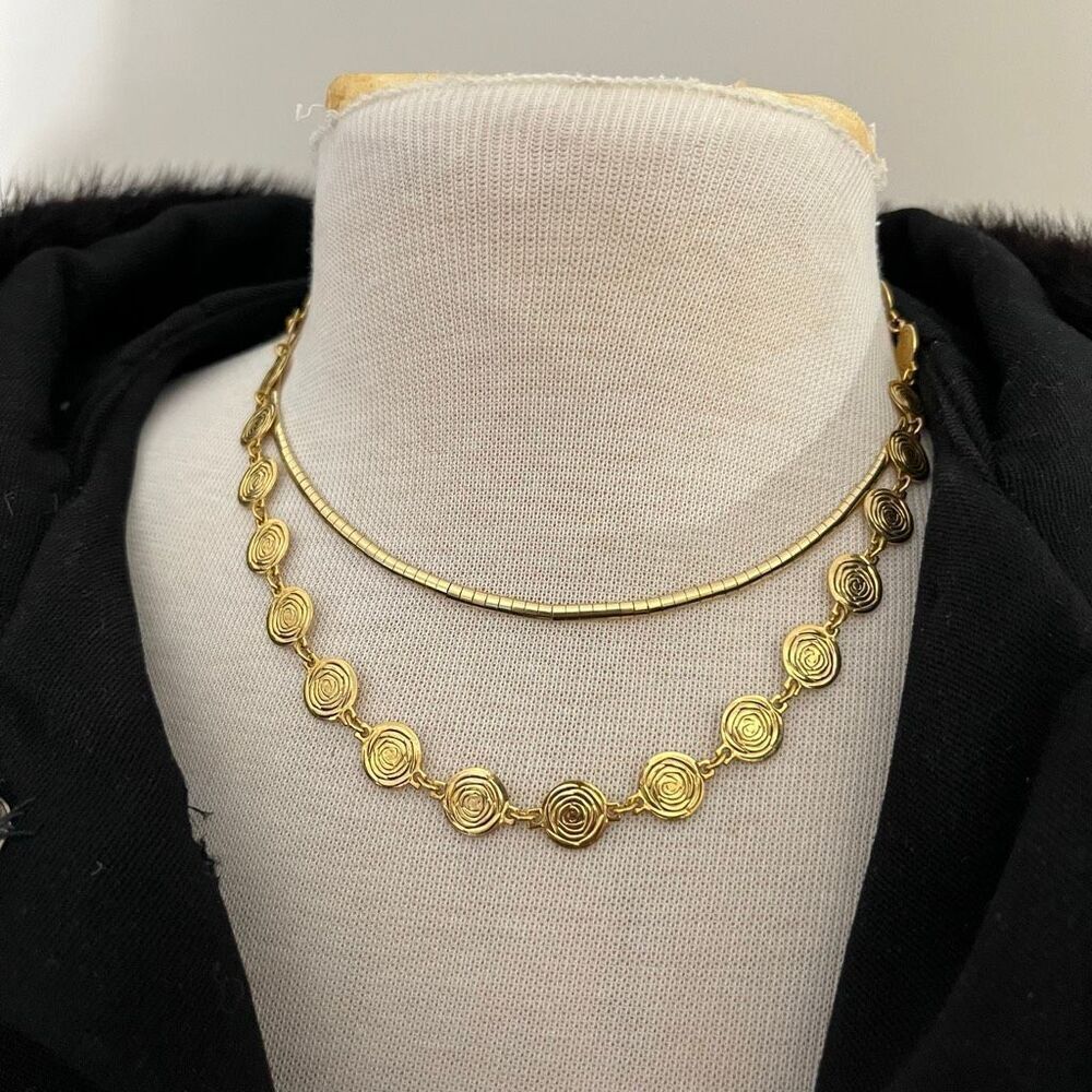 VTG 80s Liz Claiborne Gold Tone Spiral Disc Necklace 19”
